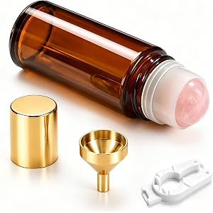 Rose Quartz Roller Bottle, 50ml Amber Glass Roll On Bottle with Crystal Roller Ball, Refillable Roller Ball Applicator for Es