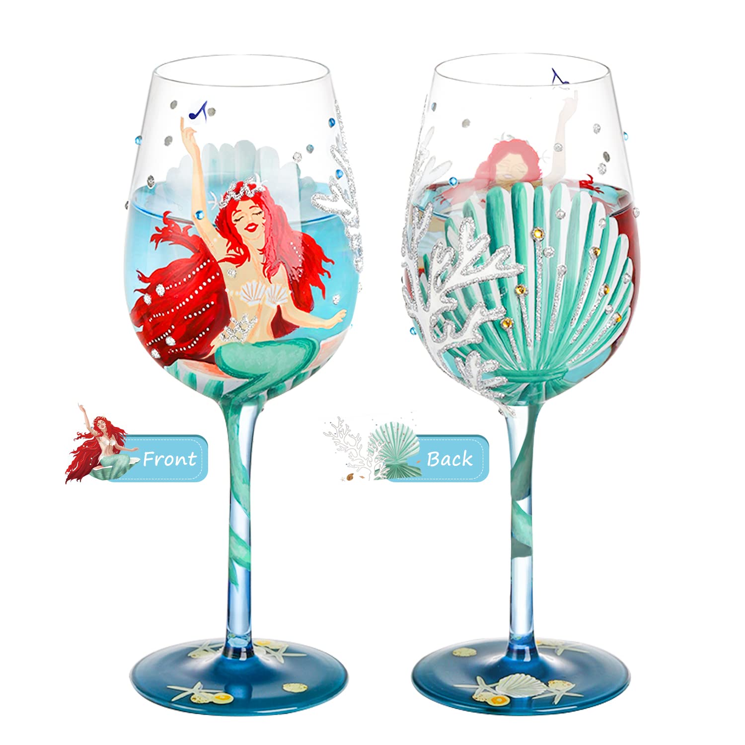 NymphFable Hand Painted Wine Glass Mermaid Red Wine Glass Personalised Birthday Gifts for Women Best Friend 15oz