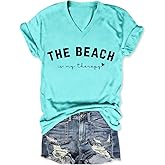 DAFOUOE The Beach is My Therapy Shirts for Women, Funny V Neck Short Sleeve Tops Loose Fit Casual Letter Print Graphic Tees