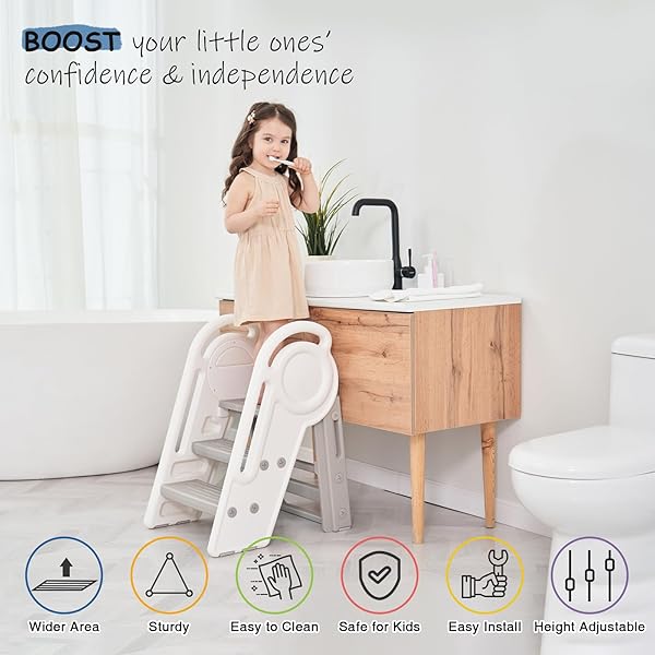 HARWAYA FOLDABLE TODDLER STEP STOOL FOR BATHROOM SINK, ADJUSTABLE KIDS 3 OR 2 STEP STOOL FOR TODDLERS BATHROOM TOILET POTTY, PLASTIC BABY GIRL CHILD STEPPING STOOL WITH HANDLE RAIL FOR KITCHEN COUNTER