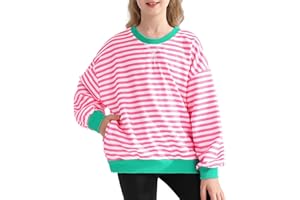Bkixhv Girls Oversized Sweatshirt Striped Color Block Crewneck with Pockets Pullover Tops Long Sleeve Shirts 7-14 Years