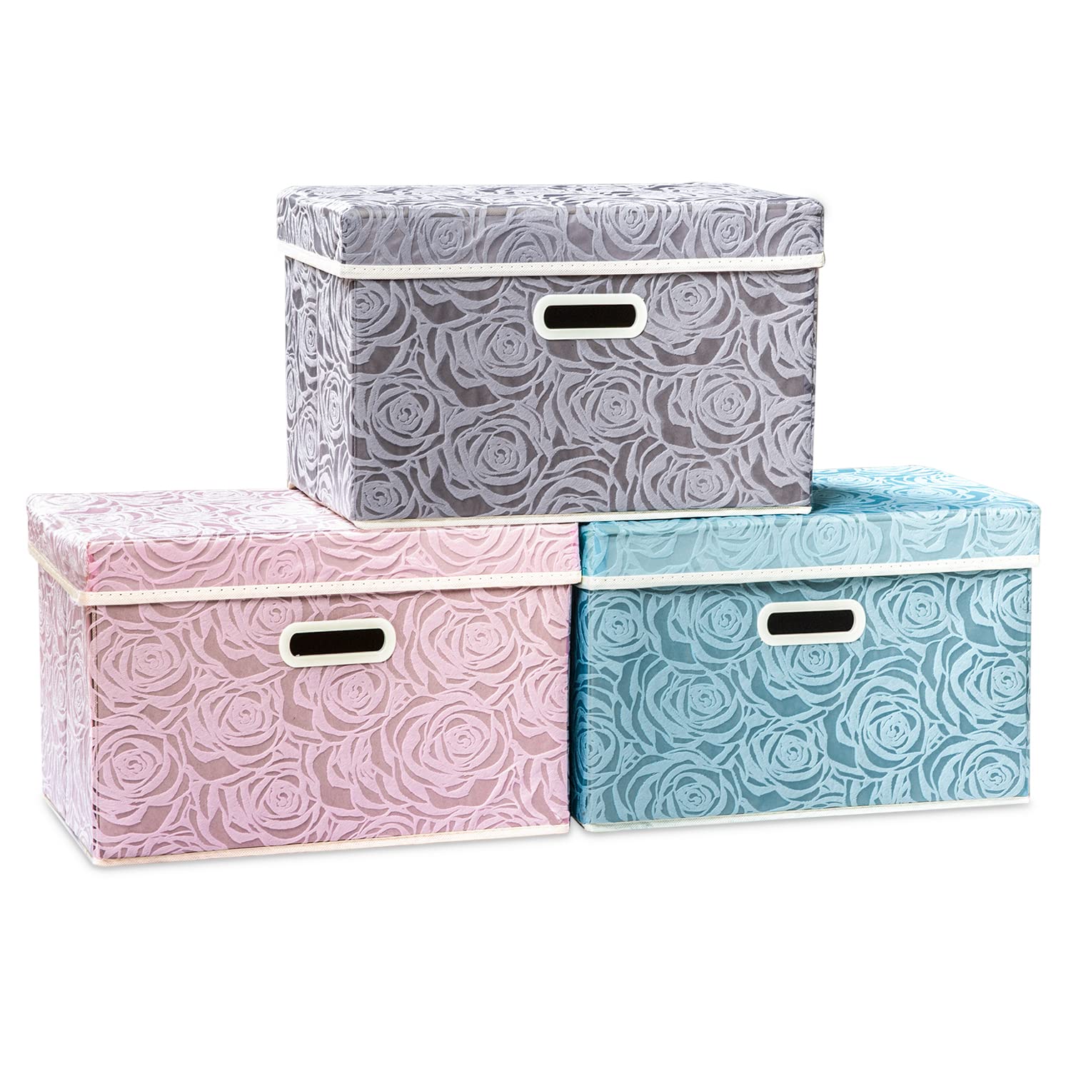 Photo 1 of PRANDOM Collapsible Storage Cubes with Lids Fabric Decorative Storage Bins Boxes Organizer Containers Baskets with Cover Handles for Bedroom Closet Living Room 14.9x9.8x9.8 Inch 3 Pack