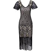 Vijiv Women's 1920s Gatsby Inspired Sequin Beads Long Fringe Flapper Dress with Sleeves