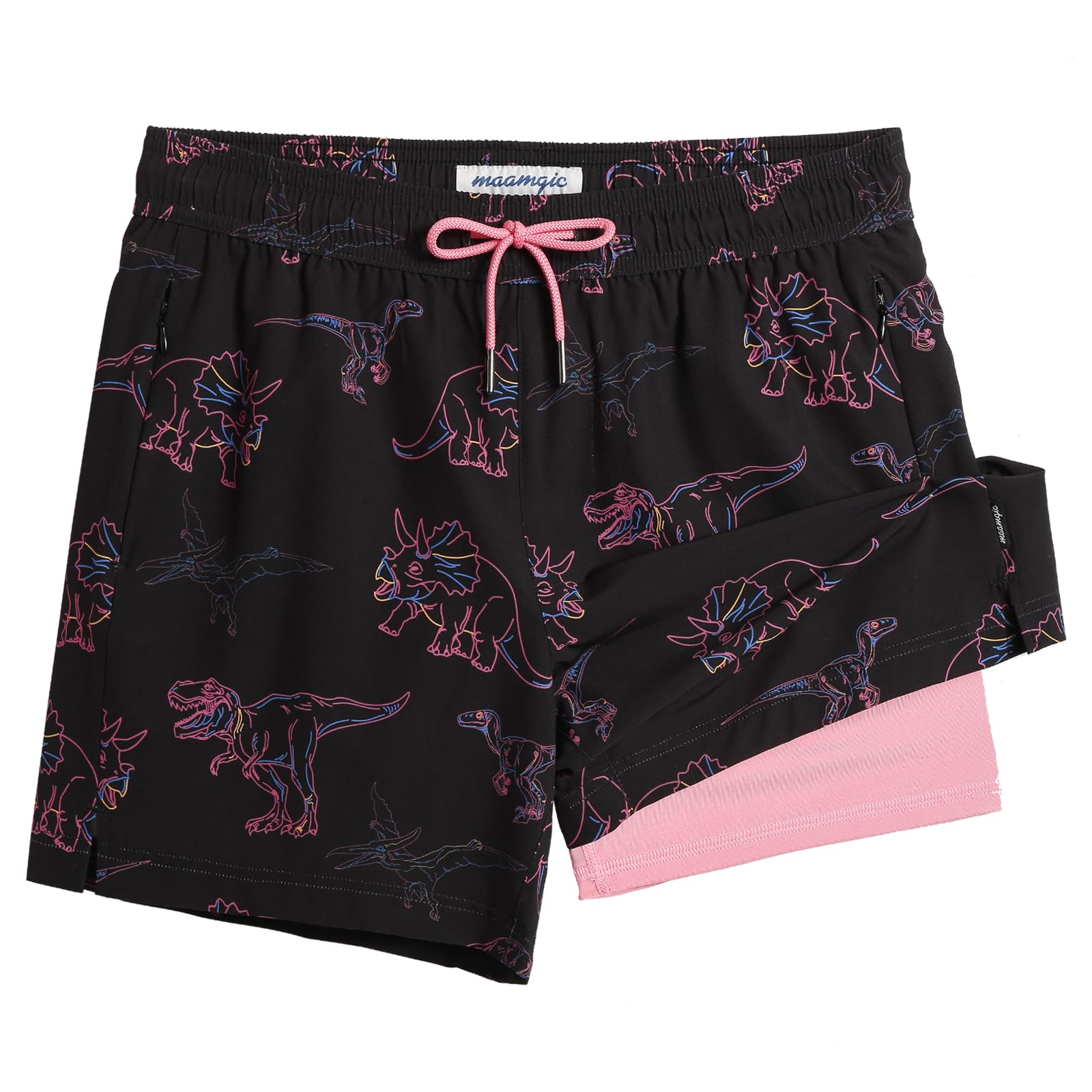maamgic Mens Swim Trunks with Compression Liner 5" Stretch Athletic Swimming Shorts Quick Dry with Zipper Pockets No-Chafing Board Shorts Black-Pink Dinosaur X-Small Image maamgic Mens Swim Trunks with Compression Liner 5" Stretch Athletic Swimming Shorts Quick Dry with Zipper Pockets No-Chafing Board Shorts Black-Pink Dinosaur X-Small Image