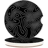 Car Coasters Topographic Cup Holder,Black Contour Map Cute Coasters,2 Pack Anti Slip Ceramic Car Cup Holder Accessories with Finger Notch for Women Men 2.56