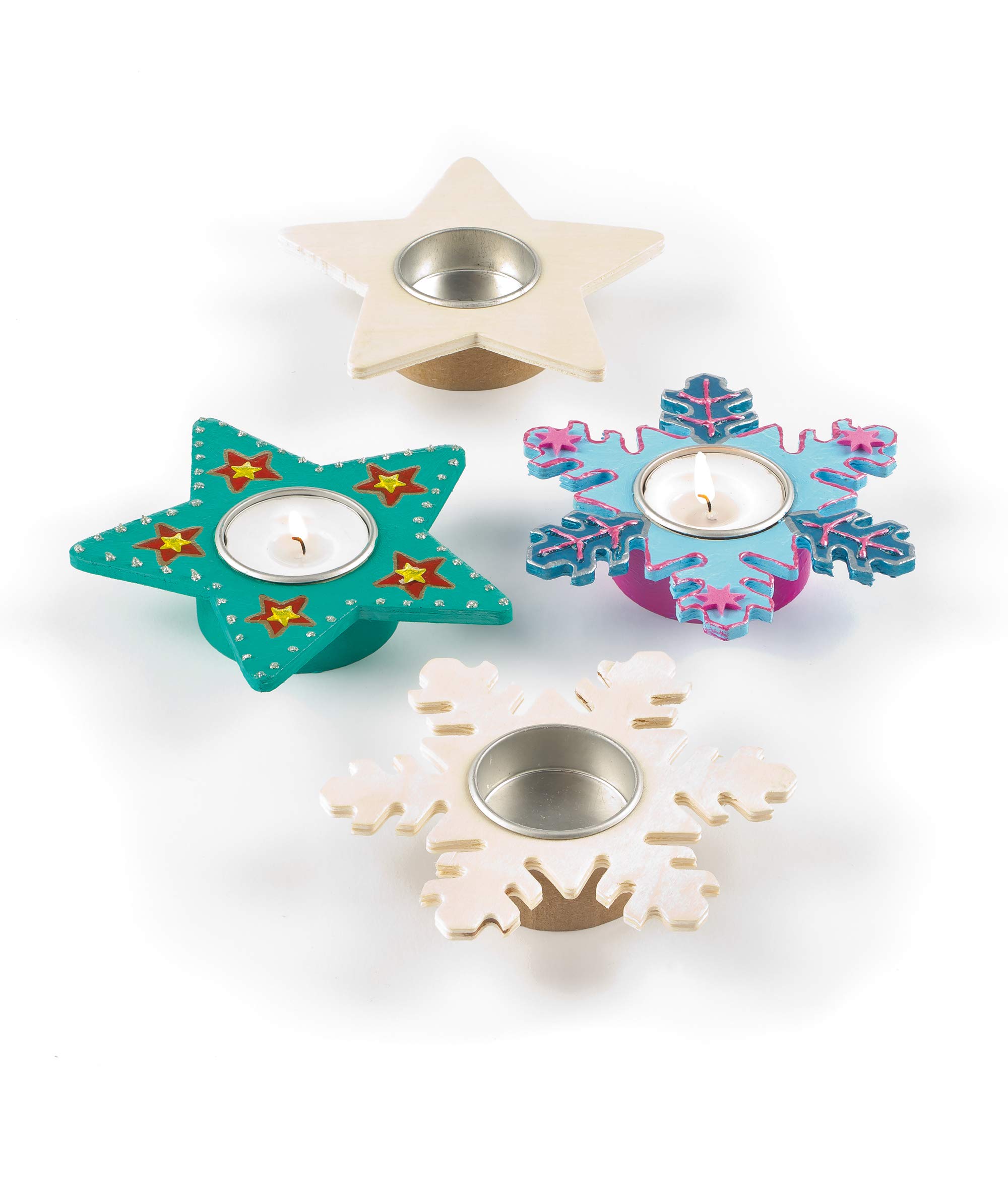 Baker Ross EX7082 Star & Snowflake Wooden Tealight Holders - Pack of 4, Wooden Decorations, Ideal for Christmas Decorations for Kids Crafts