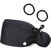 Large Satin Lined Scrub Cap, Adjustable Working Cap with Button, Long Hair Nurse Head Caps, Cotton Nurse Hat with Ponytail Pocket Elastic Tie Black
