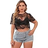WDIRARA Women's Plus Size Floral Lace Tee Shirts See Through Short Sleeve Crop Tops