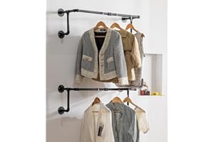 HOMEYEENG Clothes Rack, Industrial Wall Pipe Clothing Rack for Hanging Clothes, Wall Mounted Heavy Duty Space Saving Garment Rack, Multi-Purpose Clothing Hanging Rods for Closet Storage, Black, 2Pcs