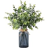 Leftover 8 PCS Faux Eucalyptus Stems in Black Glass Vase,Fake Plants Greenery Stems for Centerpiece Table Decorations,Fake Plants for Black Bathroom Decor(Sage Green)