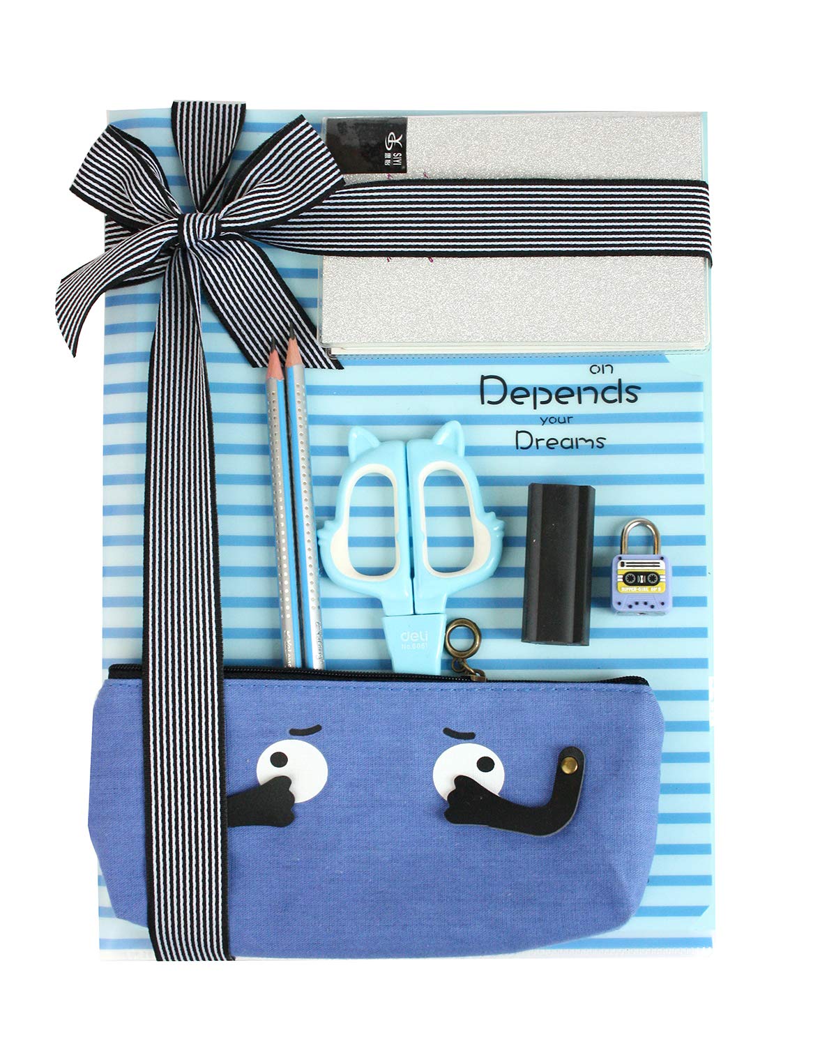 Emartbuy Blue Stripes Stationery Gift Set with Glitter Journal Faces Pencil Case HB Pencils Kitty Eraser Scissors Padlock for Kids and Teens