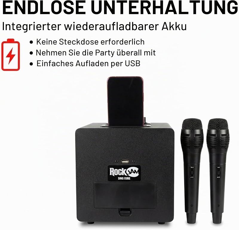 Singcube 5-Watt Rechargeable Bluetooth Karaoke Machine with Two Microphones, Voice Changing Effects & LED Lights