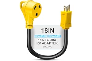 FROSTYRIDER 30 Amp to 110 Volt RV Adapter Cord 18 Inch,15A to 30A Electrical Power Adapter,NEMA 5-15P to NEMA TT-30R RV Dogbone Adapter Cord 12/3 Gauge with Grip Handle,ETL Listed