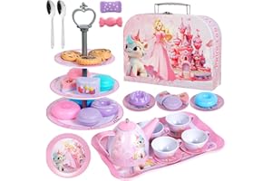 Coivnl Unicorn Tea Party Set for Little Girls Tin Teapot Set, Princess Tea Time Play Kitchen Toy Including Dessert,Cookies,Doughnut,Teapot Tray Cake,Case for Birthday Kids Age 3 4 5 6 7 8