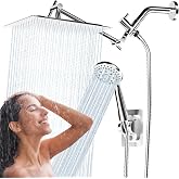 Shower Head, 8" Rainfall Shower Head with Handheld Spray 5 Modes Chrome | Anti-leak Shower Head with 11'' Extension Arm, 360&deg; Adjustable Shower, Holder, Hose, Tool-free Drill-free 5 Spray, 304 Chrome