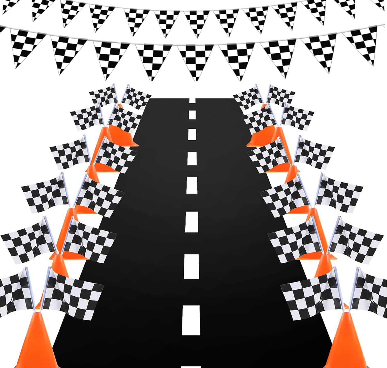 YOELVN Race Car Birthday Decorations,Racecar Centerpiece Decoration,7in Orange Racing Cones(12),Checkered Flags (24), Racetrack Floor Runner,Checkered Banner,Car Theme Party Supplies(39PCS)