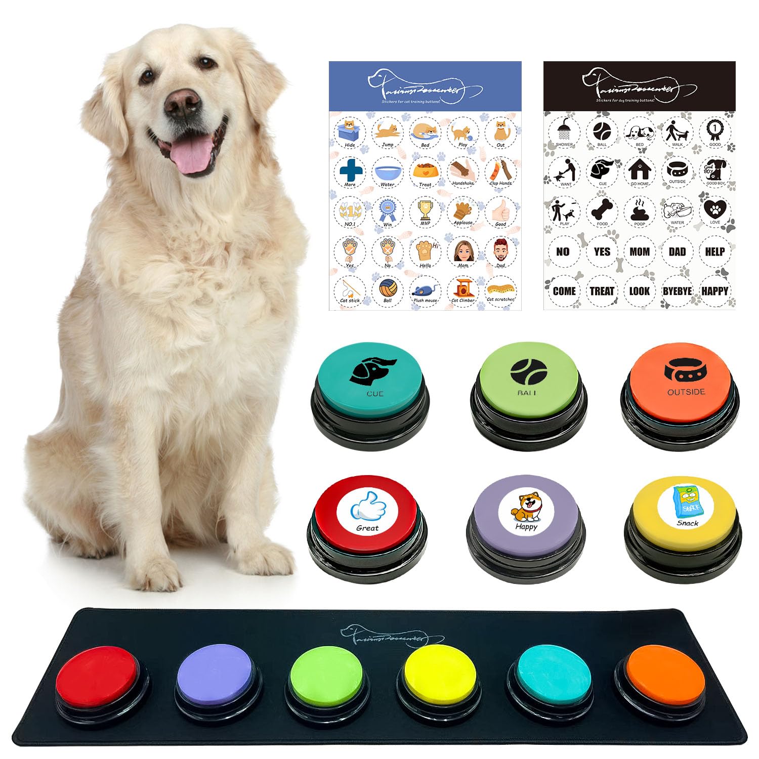 MMGGAISH 6-Piece Dog Talking Button Set, Dog Button for Communication, 30-Second Recordable Voice Pet Buzzer Training Button, Dog Button with Waterproof Non-Slip Pad and 50 Dog Training Stickers
