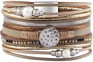 GelConnie Leather Wrap Bracelet Boho Cuff Bracelets Crystal Leather Bracelet Magnetic Multi Strand Bracelets Bohemian Bracelet Leather Wristbands Bangle Jewelry for Women Teen Wife Mother