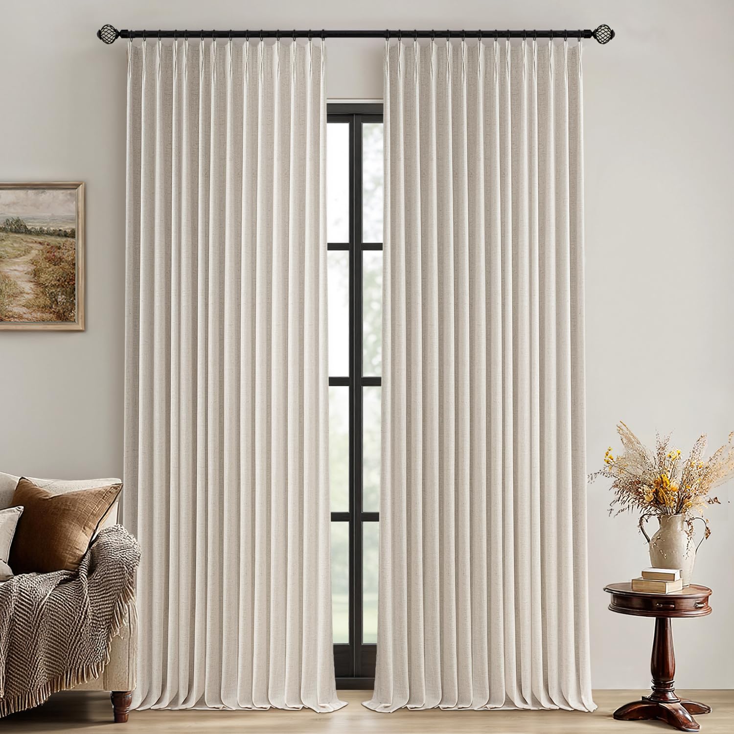 Photo 1 of MIULEE Beige Pinch Pleated 100% Blackout Linen Curtains 102 Inch Length 2 Panels Set, Black Out Memory Trained Pleat Curtains Light Blocking Room Darkening Drapes for Bedroom Living Room Window