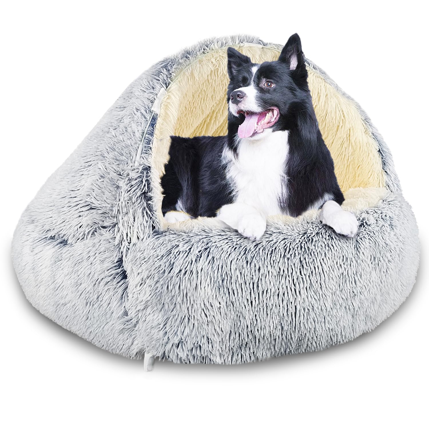 SUOXU Hooded with Supports Dog Bed,Deluxe Plush Dog Cave Bed for Medium Small Dogs, Warming Cozy Soft Faux Fur Donut Calming Anti-Anxiety Pet Bed,Removable Washable Cover and Anti Slip (Grey)