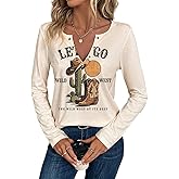 Western Country Shirts for Women Cowgirl Cartoon Boots Graphic T Shirts Notched V Neck Long Sleeve Casual Tee Tops