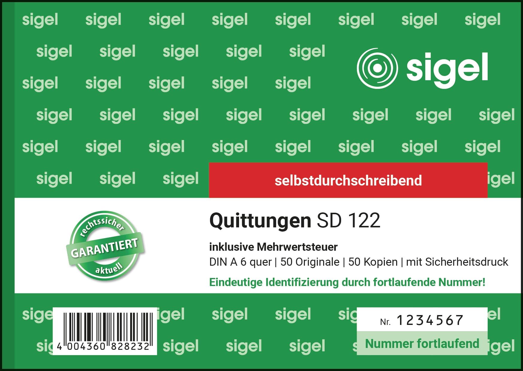 Sigel SD122 Receipt blockNumbered carbonless, A6, 2 x 50 Sheet.