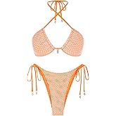 ZAFUL Women's Triangle Bikini Multiway Fishnet Tie Side Bandeau Halter String Bikini Set Two Piece Swimsuit Bathing Suits
