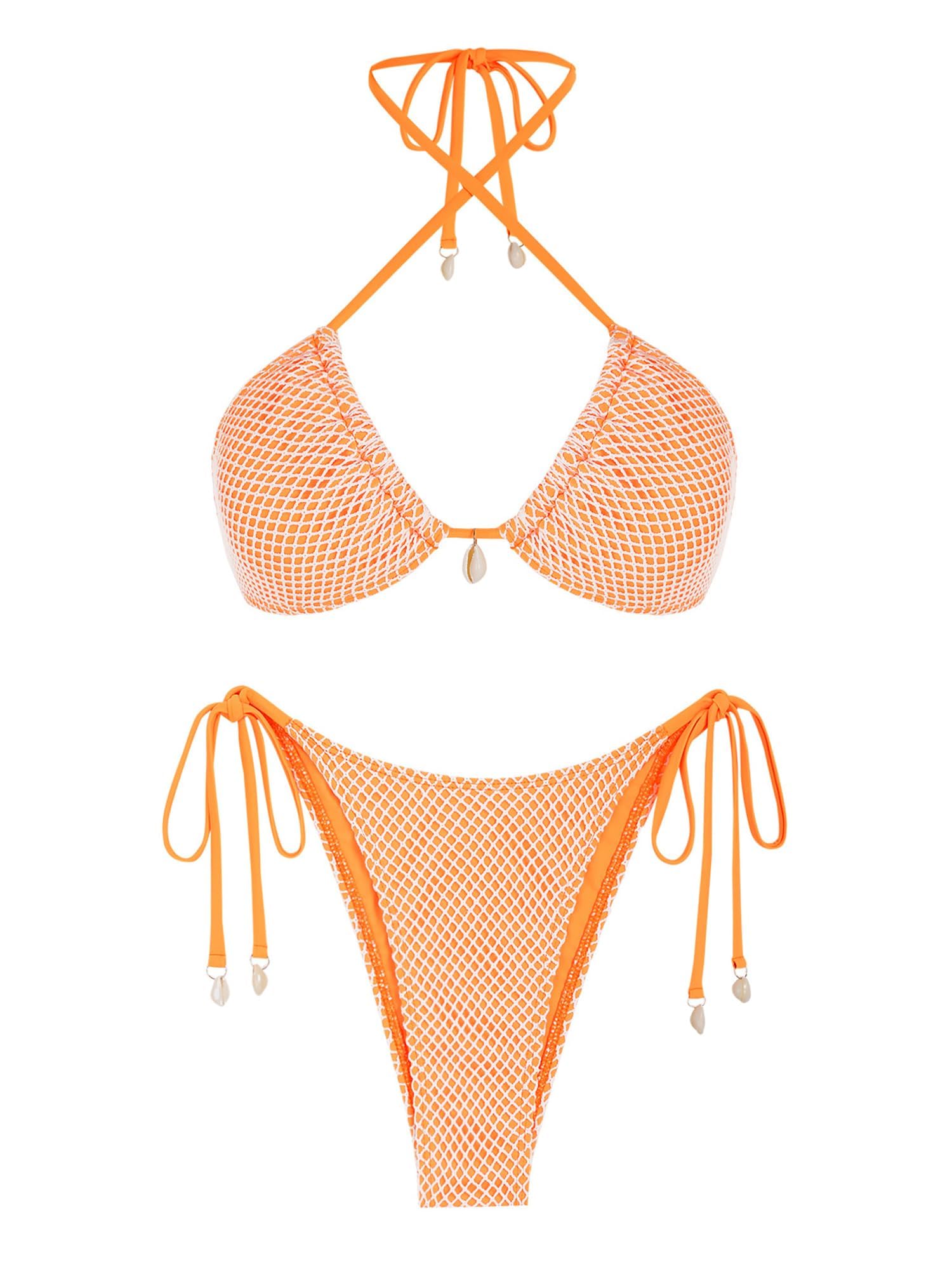Photo 1 of ZAFUL Women's Triangle Bikini Multiway Fishnet Tie Side Bandeau Halter String Bikini Set Two Piece Swimsuit Bathing Suits (1-Orange, L)