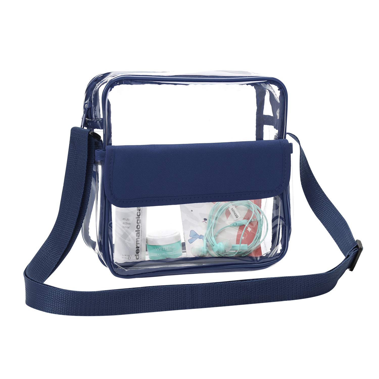 QKURT Clear Crossbody Messenger Shoulder Bag with Adjustable Strap, Concert Stadium Approved Transparent Purse Clear Bag for Women Men, Waterproof & Blue