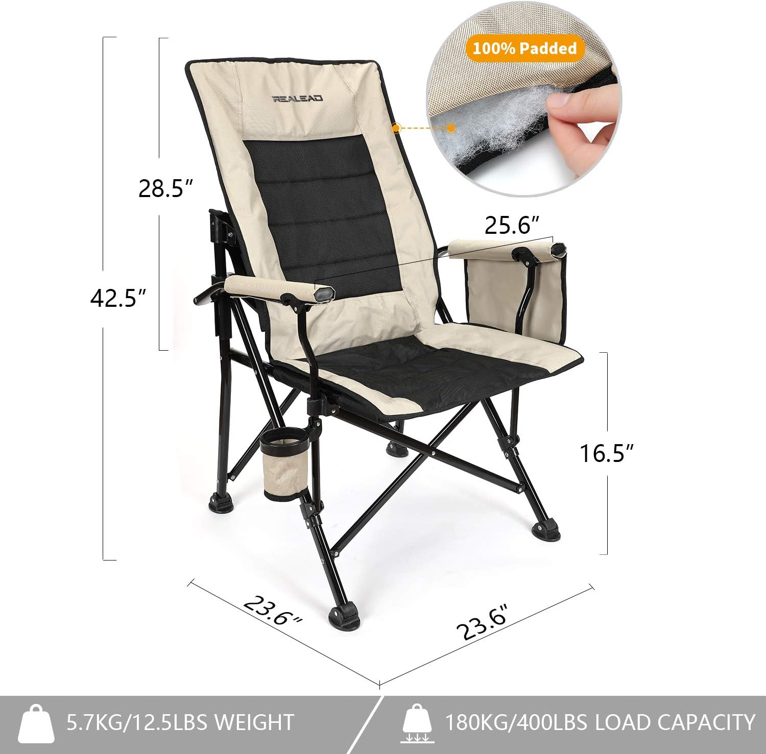 Realead Adjustable Oversized Camping Chair Heavy Duty Folding Chair High Back Support Beach Chair Travel Portable Chair Padded Hard Arm Steel Frame Outdoor Chair Supports 400 lbs: Kitchen & Dining