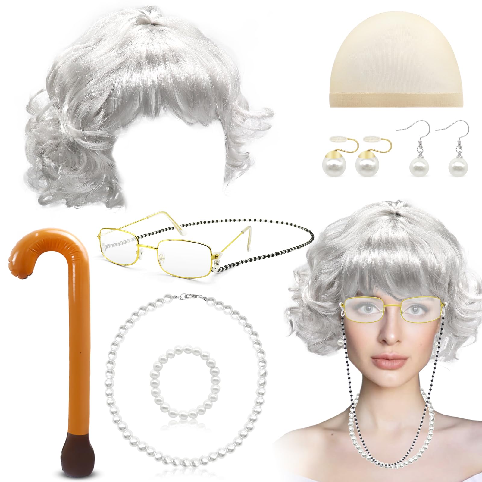 10pcs Old Lady Cosplay Costume Set, Grandmother Wig Cap Including Glasses Pearl Earring Bracelet Necklace Inflatable Walking Stick, Fancy Dress Accessories for Halloween Retro Stage World Book Day