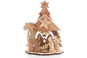 Zuluf Olive Wood Nativity Set | Jerusalem Crafted Musical Nativity Scene | Bethlehem Certified Holy Land Olive Wood Set | Jesus Manger Wooden Stable | Ideal for Christmas, 8x6 Inches