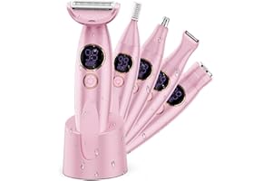 Karrte 5-in-1 Electric Razor for Women's Pubic Hair, Painless Body Shaver and Facial Epilator, Hair Removal for Face, Bikini Trimmer for Women's Private Area Pink