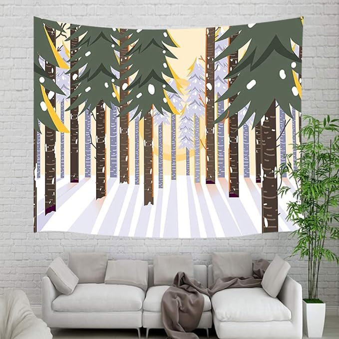 Tapiz de pared de bosque de invierno de país, pinos de dibujos animados