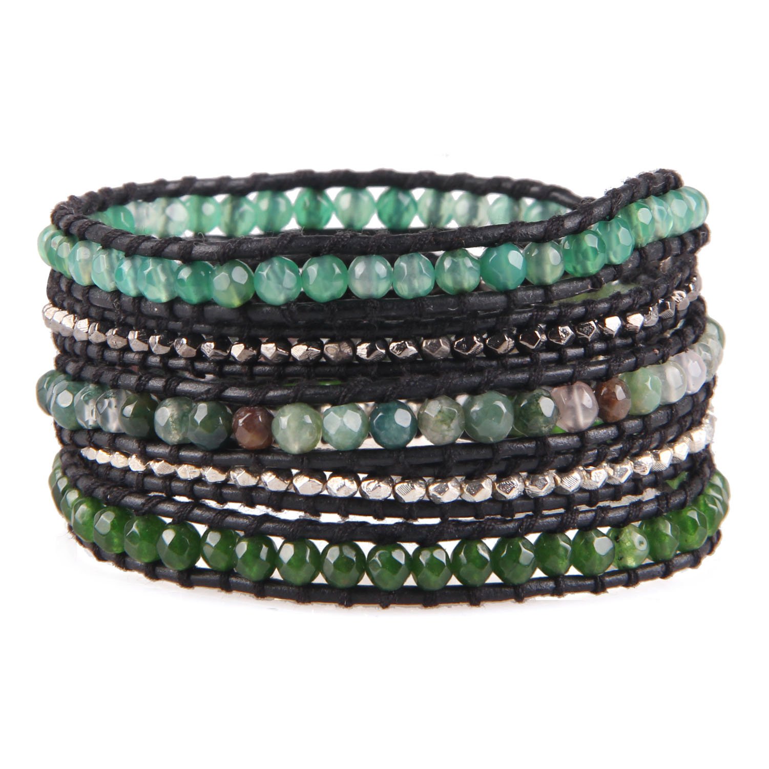 KELITCH 5 Wrap Metal Bead Bracelet Turquoise Bracelet Black Leather Adjustable Jewelry (Green)