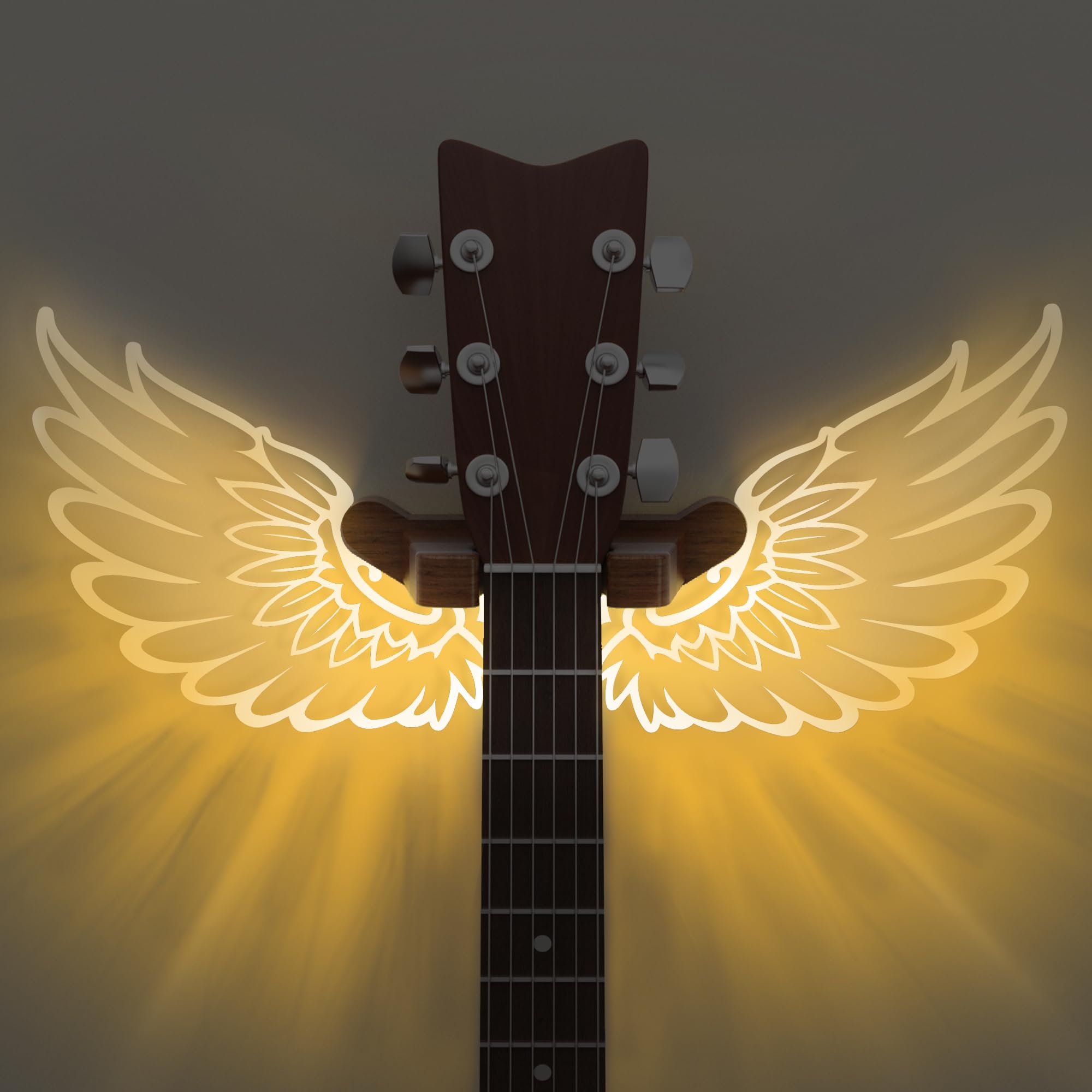 CoolGift Mart Guitar Stand Wall Mount with Luminous Angel Wings, Acrylic Wooden Guitar Hanger Shelf with USB Powered, for Acoustic Electric Bass Ukulele, Gift for Music Lovers Guitar Players