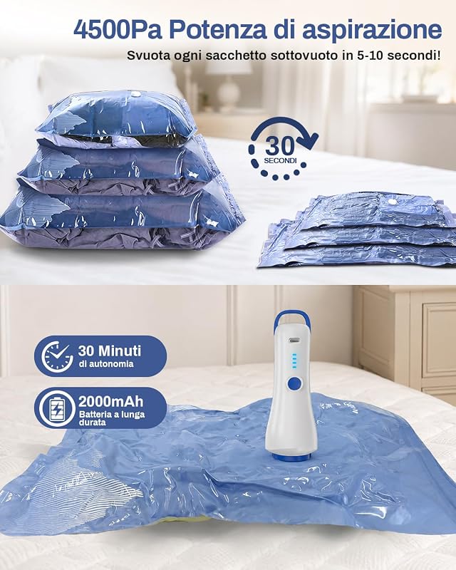 Sacchetti Sottovuoto Vestiti con Pompa Elettrica, contenenti 16 Sacchetti Sottovuoto (3 * 74x54 cm, 5 * 64x47 cm, 8 * 54x40 cm), Ldeali per viaggi, Traslochi e Conservazione