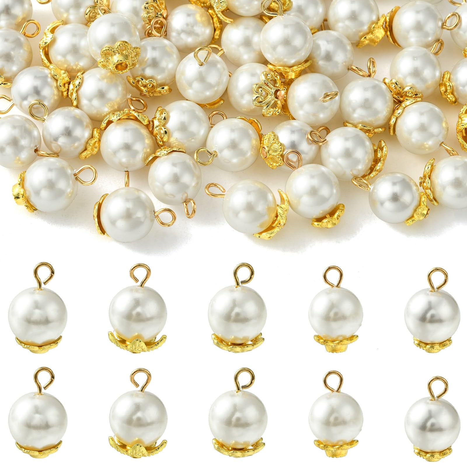 Stiesy 50Pcs 5 Styles Round Pearl Charms Shell Pearl Pendant Charm with Brass Flower Bead Caps for Jewellery Making DIY Bracelet Crafts