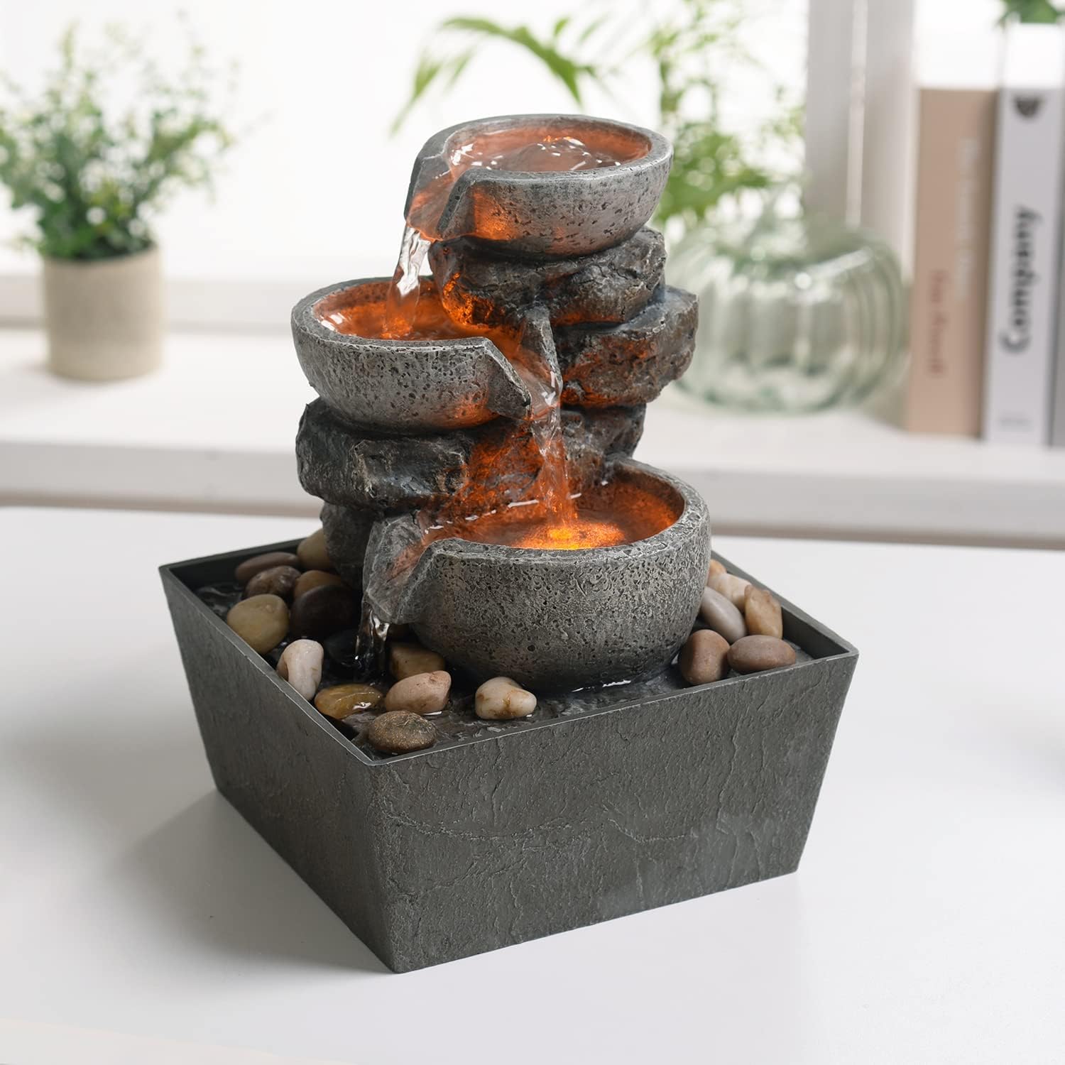Indoor Fountains & Accessories - Haobos Decorative Indoor Fountain 3-Bowl Rockery Soothing Sound Tabletop Fountains Home/Office Decor with Led Light/Some Cobblestones(1556A)