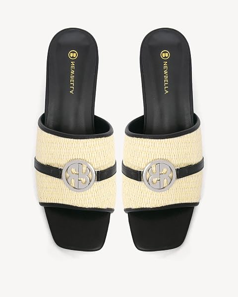 NEWBELLA HEELED SANDALS FOR WOMEN KNIT SQUARE OPEN TOE SLIP ON MULES WHITH CHUNKY LOW BLOCK HEEL CASUAL SUMMER DRESS SHOES (BLACK-RAFFIA, ADULT, WOMEN, 10, NUMERIC, US FOOTWEAR SIZE SYSTEM, MEDIUM)