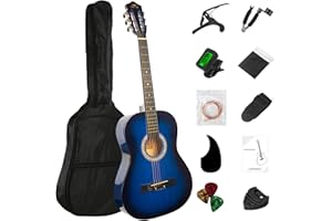 BESYOU 38in Beginner Acoustic Guitar Basic Starter Kit Tuner Bag Capo Strings Winders Strap Picks Student/Kids Guitar Pickguard with Gig Bag Blue