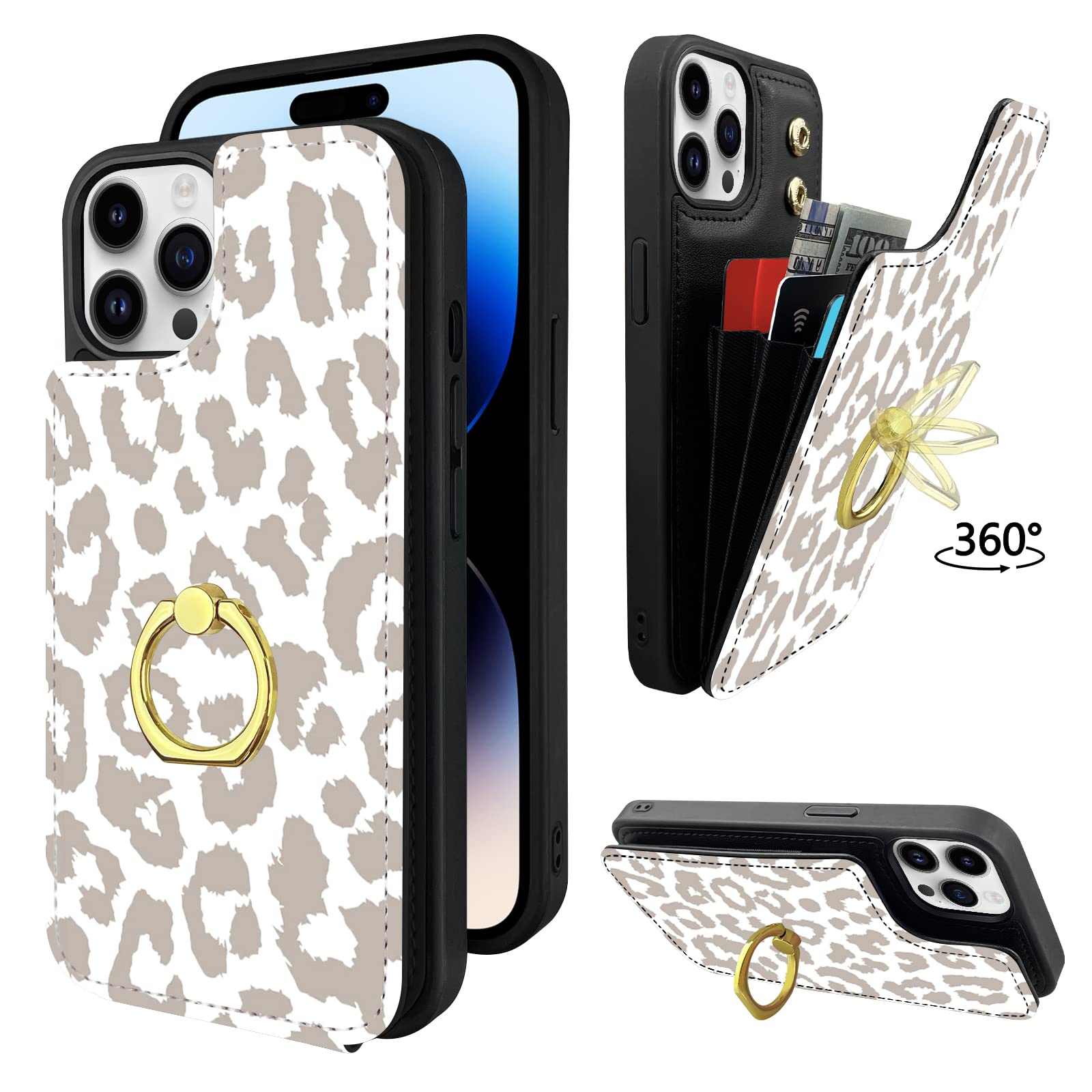 TopPerfekt Compatible with iPhone 14 Pro Wallet Case with Card Holder, 360Rotation Finger Ring Holder Kickstand Protective RFID Blocking PU Leather Pattern Double Buttons Flip Cover 6.1" Grey Leopard