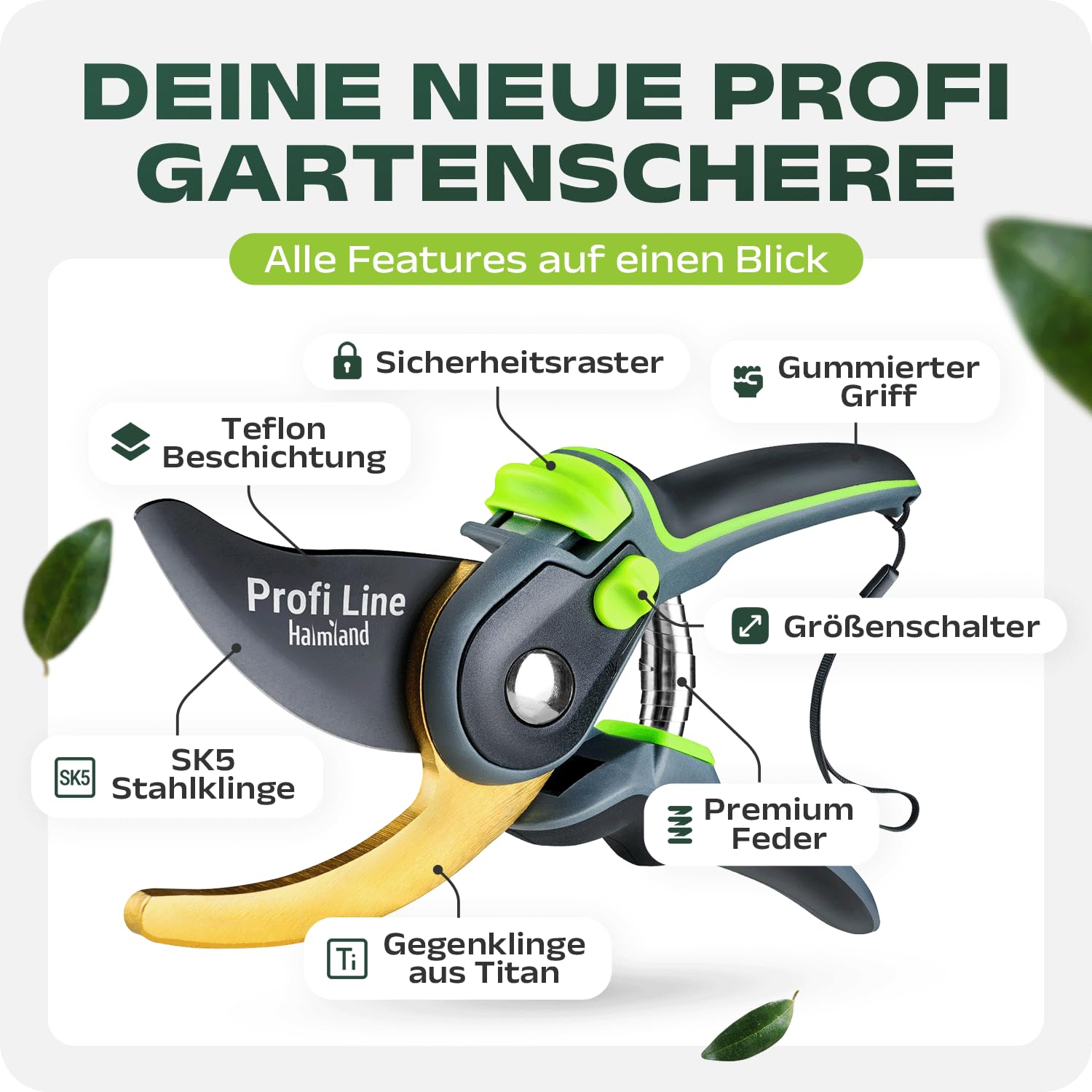 halmland® Extra scharfe Gartenschere für Äste bis 20mm | Astschere, Rosenschere mit gehärteter Stahlklinge, Antihaft-Beschichtung | Einstellbar für große & kleine Hände | Baumschere, Blumenschere 4