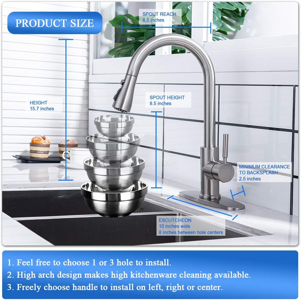 Kitchen Faucet, Kitchen Sink Faucet Arofa Single Handle Stainless Steel Brushed Nickel Pull Down Kitchen Faucet with Sprayer - - 