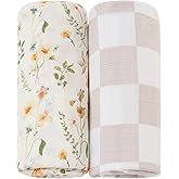 LifeTree Muslin Swaddle Blankets for Baby Girl, 2-Pack 70% Viscose from Bamboo and 30% Cotton Large Swaddle Blankets (47" x 47"), Floral & Dusty Pink Checkered