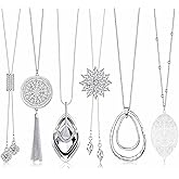 Jstyle 6Pcs Long Pendant Necklaces for Women Long Sweater Necklaces Silver Flower Tassel Disk Circle Leaf Statement Sweater Chain Necklace for Women Y Necklace Set Fashion Jewelry
