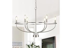 FookChak Brushed Nickel Chandelier, 6-Light Dining Room Chandelier Chrome Light Fixture Metal Candle Kitchen Chandelier 28inch Round Chandelier with Long Chain for Bedroom Living Room