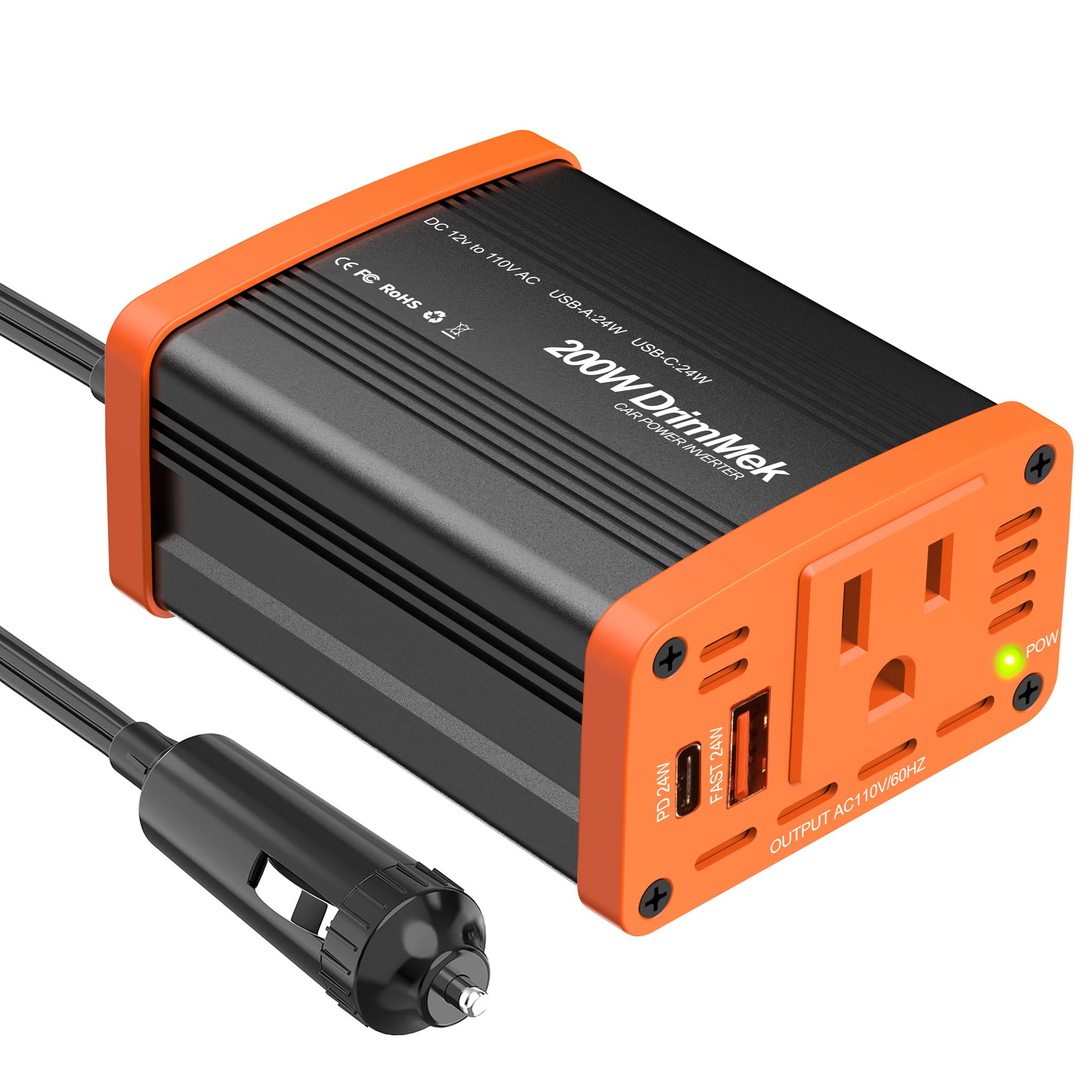 Photo 1 of DrimMek 200W Car Power invewrter, DC 12V to 110V AC Car Plug Adapter Outlet with 24W USB-A/C, Power Inverters for Vehicles for Laptop Road Trip