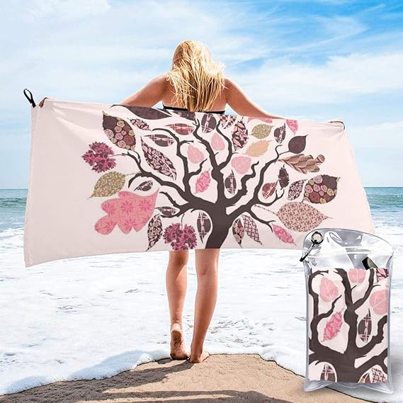 Quick Dry Beach Towel,Tree with Patch Leaves and Dwelling