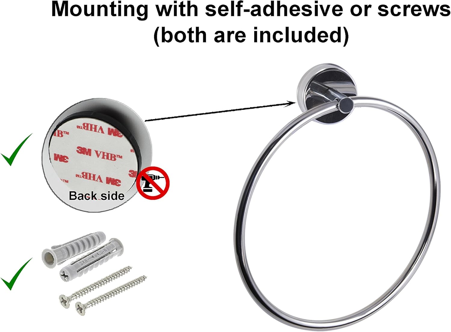 Kapitan Stainless Steel Towel Ring 6.70 inches/ 17 cm, Self Adhesive or Screws Mounting, Polished Finish,Made in EU, 20 Years Warranty - Image 5